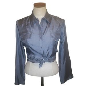 Guess Collection Silk Dual Breast Pocket Long Sleeves Blue Gray Button Up S